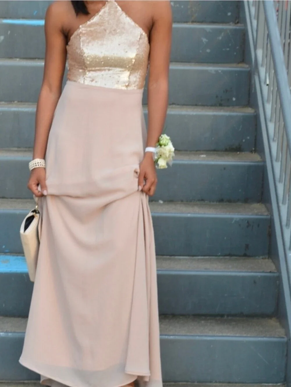 Lulus The Best Part Matte Gold Blush Champagne Sequin Halter Maxi Dress - XS